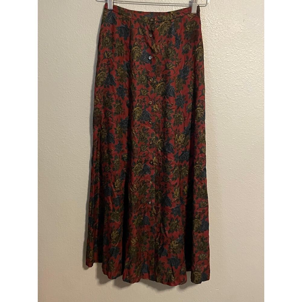 Vintage Breeches Skirt Womens Size 2 Red Floral Button Front Maxi Cottagecore